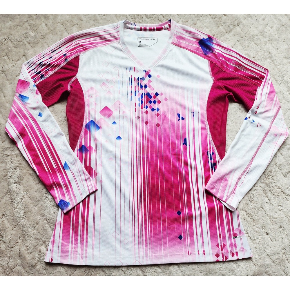 Salomon Actilite Pink White Graphic Running Shirt Womens Small Long Sleeve
